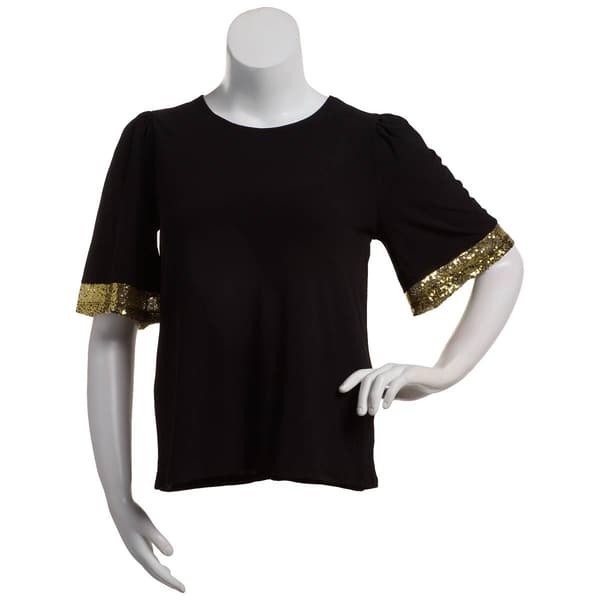Womens Chloe & Jasmine Elbow Sleeve Sequin Trim Cuff Pullover - image 