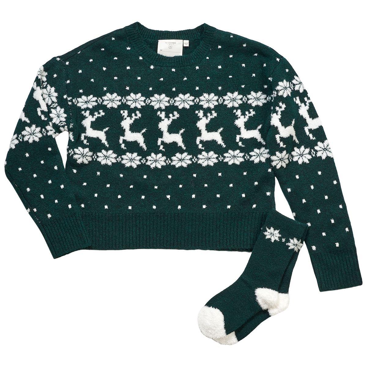 Girls (7-16) No Comment Fair Isle Reindeer Sweater w/ Socks