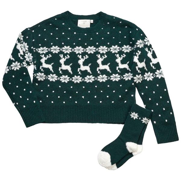 Girls (7-16) No Comment Fair Isle Reindeer Sweater w/ Socks - image 