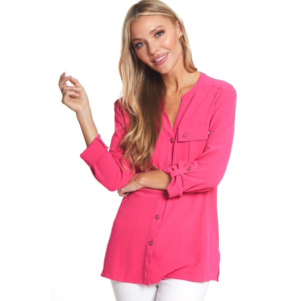 Womens Multiples Roll Tab Sleeve Solid 2 Pocket Crinkle Shirt - image 