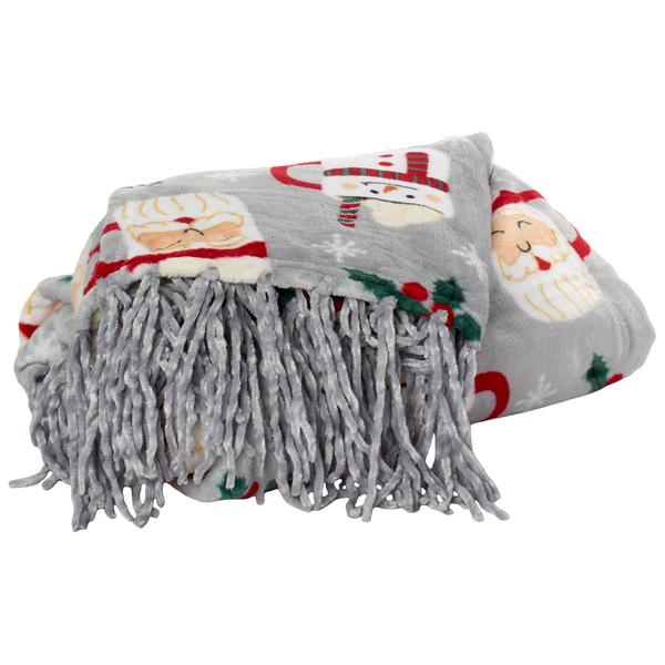 Mountain Ridge Santa & Snowman Mugs Fringe Popcorn Throw