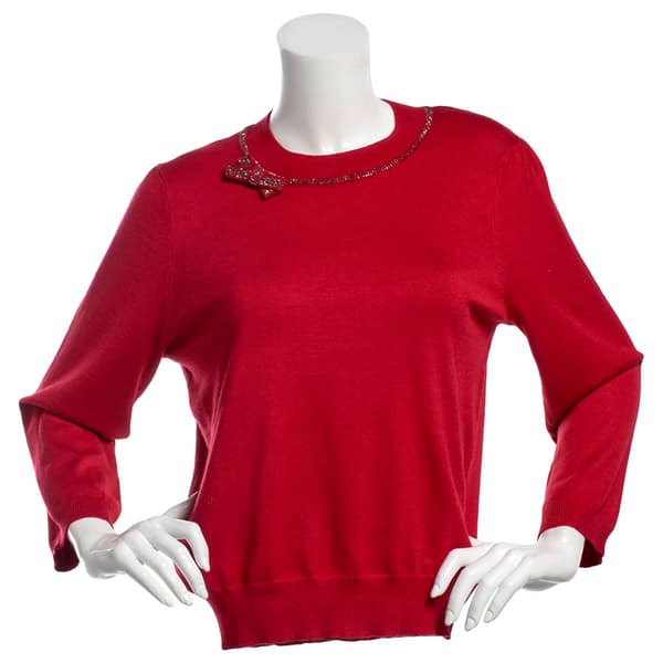 Womens Nicole Miller 3/4 Sleeve Sweater w/ Rhinestone Bow - image 