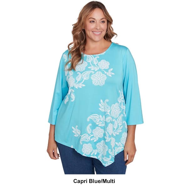 Plus Size Ruby Rd. Spring Oasis Knit Floral Asymmetrical Blouse