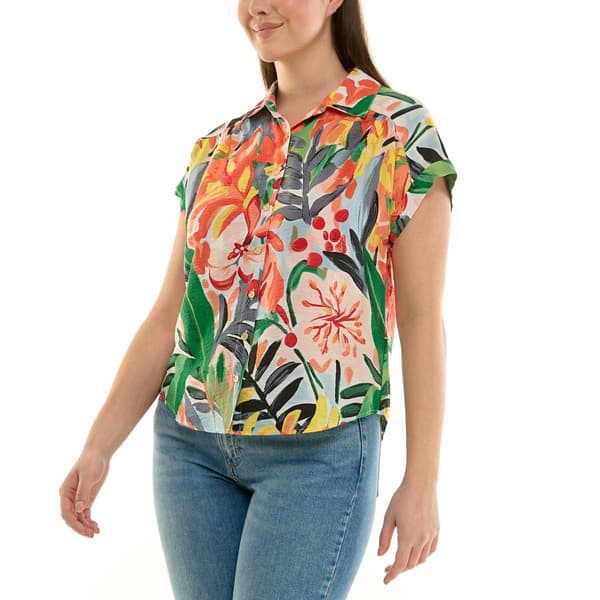 Womens Zac & Rachel Cap Sleeve Leaf Button Front Blouse