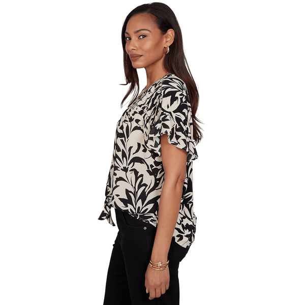 Womens Ruby Rd. Tropical Noir Short Sleeve Floral Tie Hem Blouse