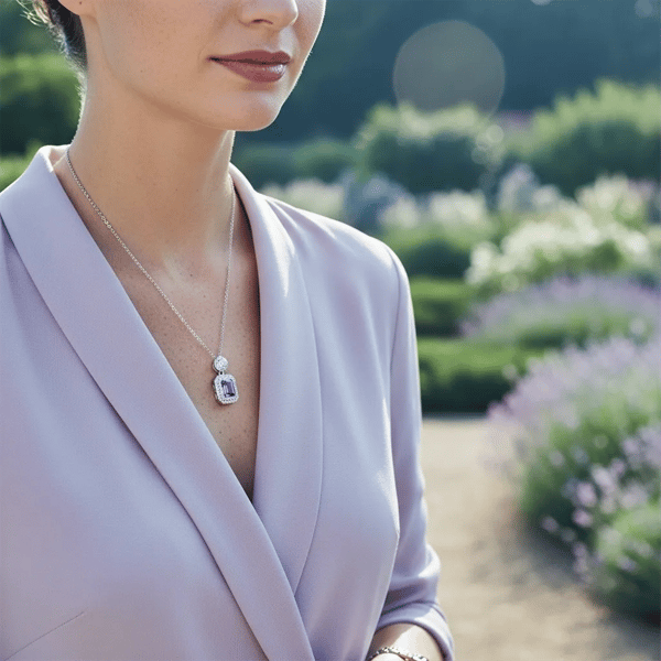Saffron 1ctw. Violet Emerald Cut Diamond Halo Pendant Necklace