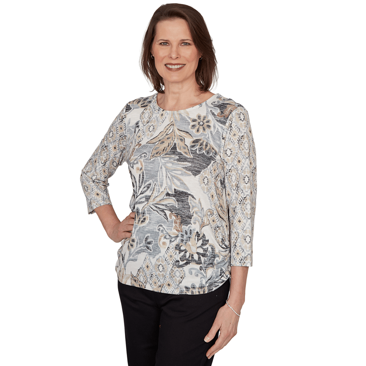 Petite Alfred Dunner Classics 3/4 Sleeve Geo Leaf Blouse