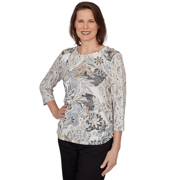 Petite Alfred Dunner Classics 3/4 Sleeve Geo Leaf Blouse