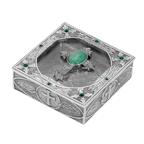 Symbols of Faith Pewter Green Semi-Precious Stone Rosary Box - image 
