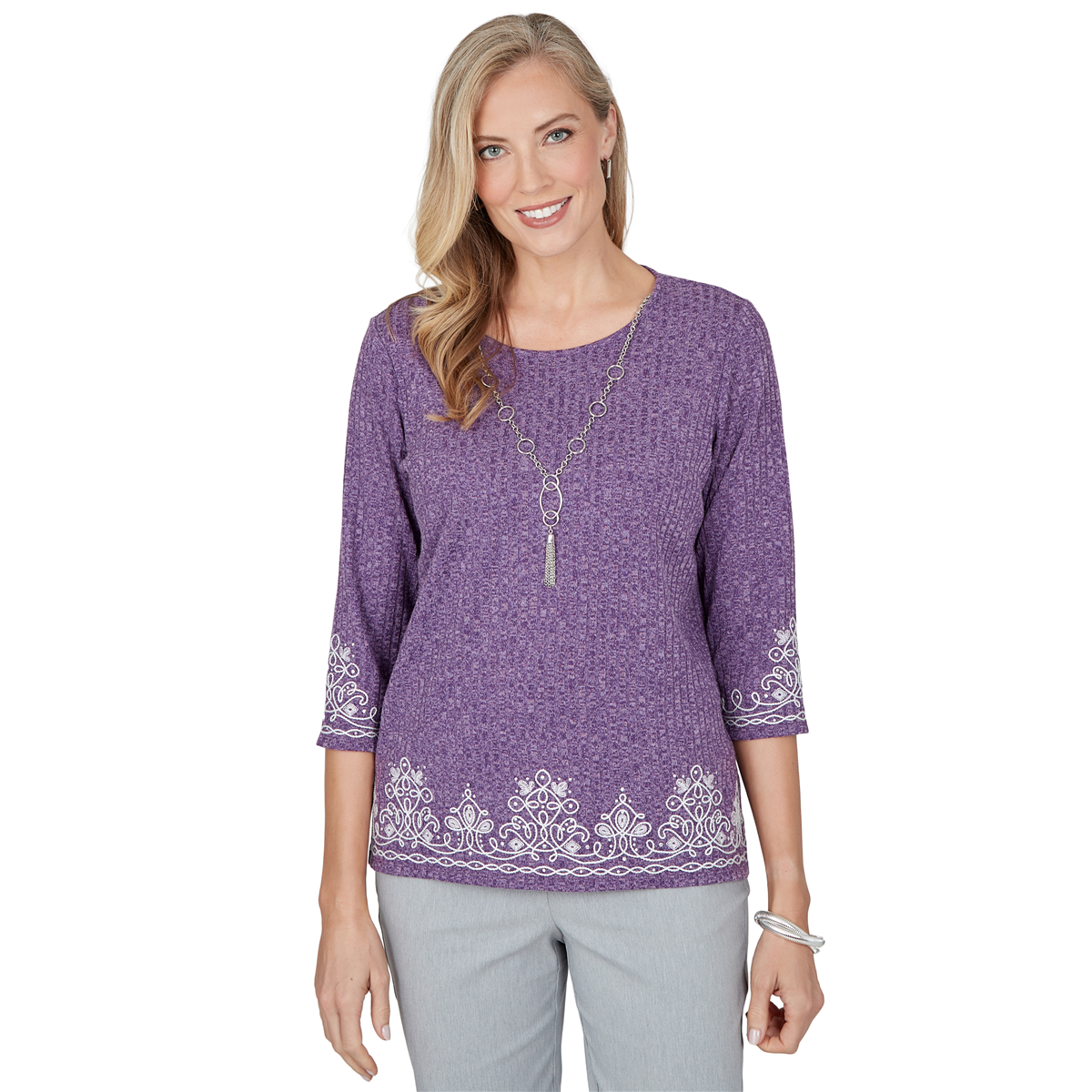 Petite Alfred Dunner Vail 3/4 Sleeve Soutache Border Sweater