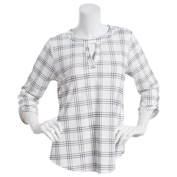 Womens Cure 3/4 Roll Tab Sleeve Knit Crepe Grid Blouse - image 