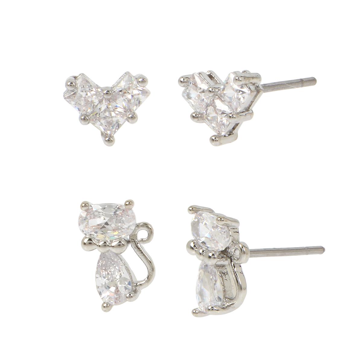 Betsey Johnson 2pr. CZ Cat & Bow Earrings Set