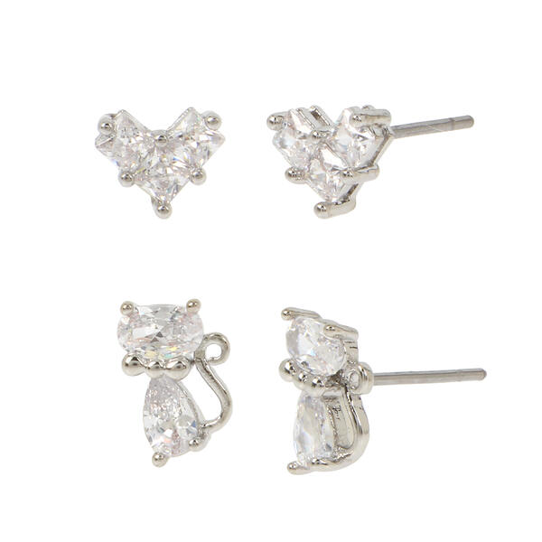 Betsey Johnson Set of 2 Cubic Zirconia Cat & Bow Earrings - image 