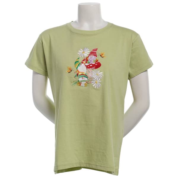 Womens Top Stitch by Morning Sun Floral Butterfly Gnomes Tee - image 