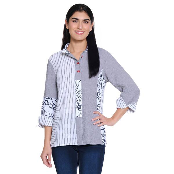 Womens Ali Miles 3/4 Sleeve Mix Media Patchwork Blouse - image 