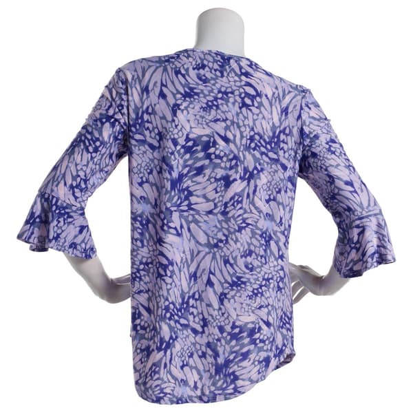 Womens Notations 3/4 Ruffle Sleeve Keyhole Jacquard Blouse