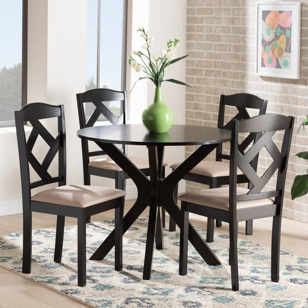 Baxton Studio Carlin Sand Fabric Dark Brown Wood 5pc. Dining Set