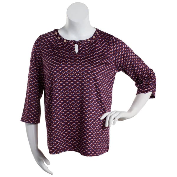 Plus Size Notations 3/4 Sleeve Geo Grommet Neck Blouse - image 