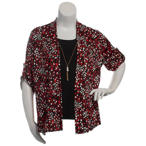 Plus Size Notations 3/4 Sleeve Chicklet 2Fer Cardigan Blouse