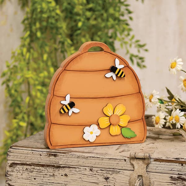 The Hearthside Collection Bees & Flowers Wooden Beehive Sitter - image 