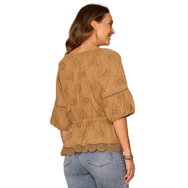 Womens Democracy Elbow Sleeve Medallion Eyelet Peplum Blouse