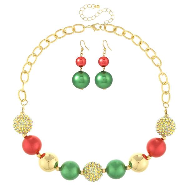 Red Green & Gold Christmas Bead Necklace & Earrings Set - image 