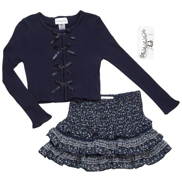 Girls (7-12) Tween Diva Rib Knit Bow Top w/ Ruffle Skort