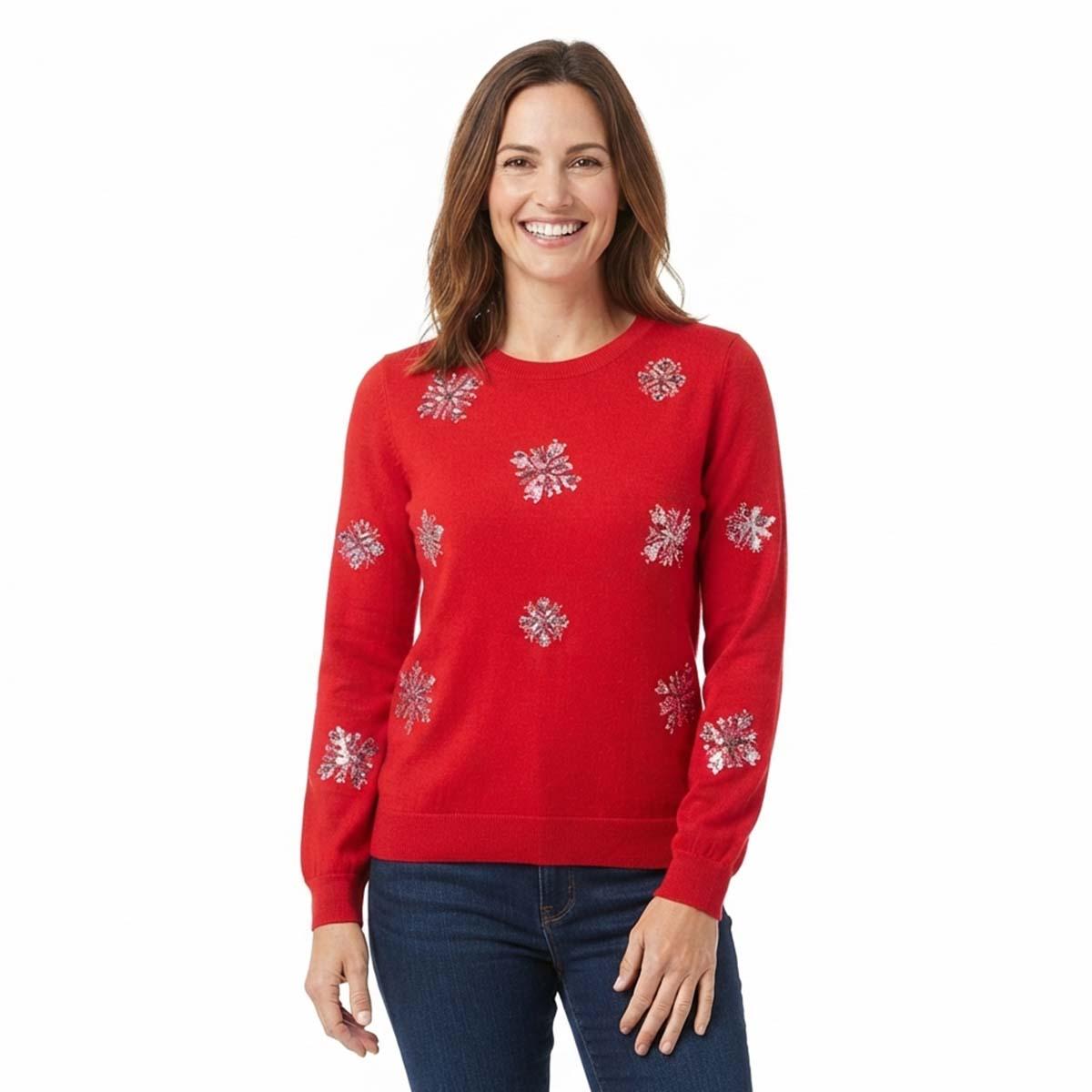 Womens Tru Self Long Sleeve Snowflakes Sequin Sweater