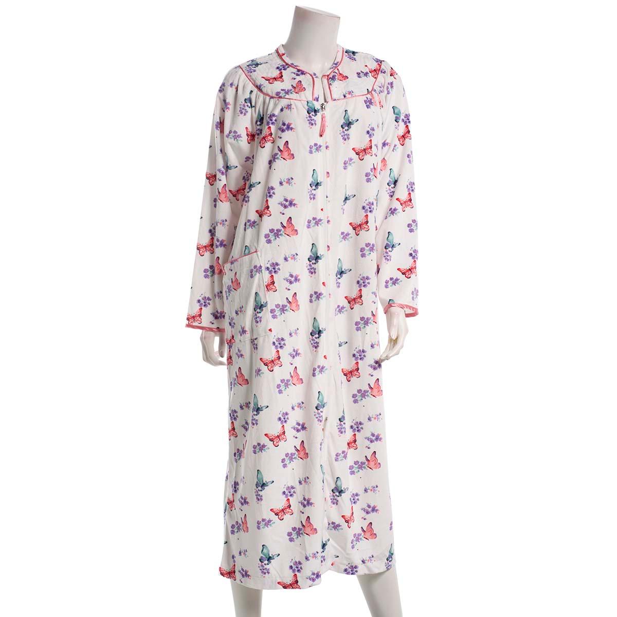 Womens Loungees Long Sleeve Fleece Butterfly Zip Front Duster