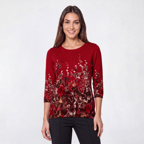 Petite Emily Daniels 3/4 Sleeve Botanical Rhinestone Sweater - image 