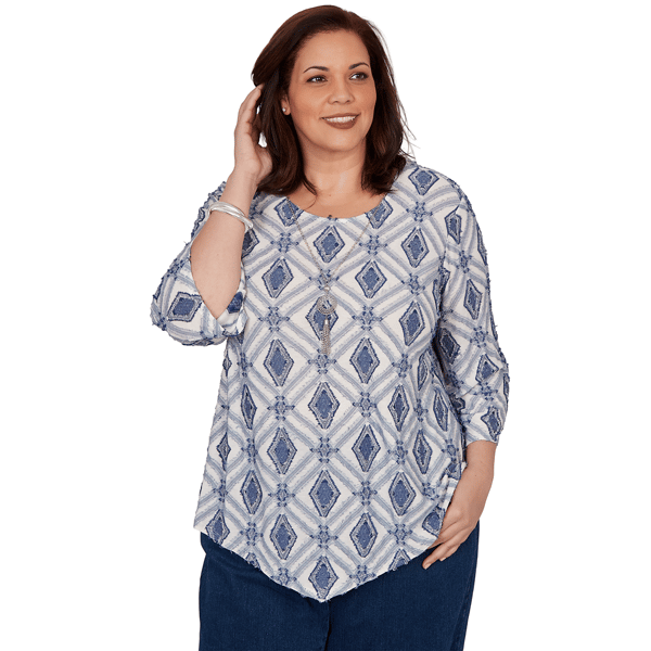 Plus Size Alfred Dunner Indigo Girls 3/4 Sleeve Diamond Blouse