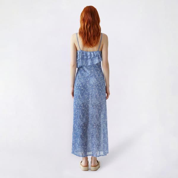 Juniors Pink Rose Print Mesh Empire Ruffle Bust Maxi Dress - Blue