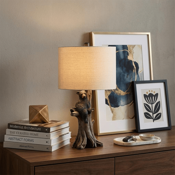 HomeRoots 25in. Black Blear in a Tree Table Lamp with Beige Shade