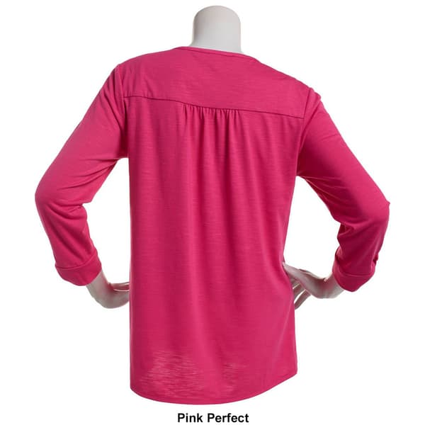 Womens Kasper Solid 3/4 Tab Sleeve V-Neck Henley Tee