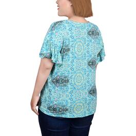 Plus Size NY Collection Short Bell Sleeve Blouse- Paisley