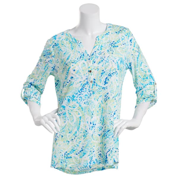 Womens Emily Daniels 3/4 Sleeve Tropical Floral Waffle Top - Blue