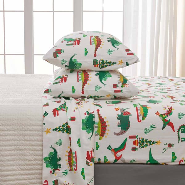 Freshfolds Cotton Christmas Dinosaur 4pc. Flannel Sheet Set