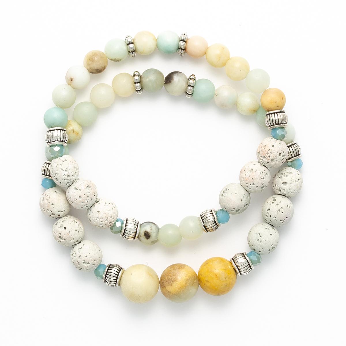 Amazonite Ivory Lava Beaded 2pc. Stretch Bracelet Set