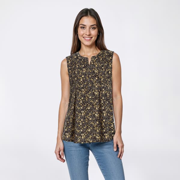 Womens Napa Valley Sleeveless Ditsy Floral Pleat Henley Blouse - image 