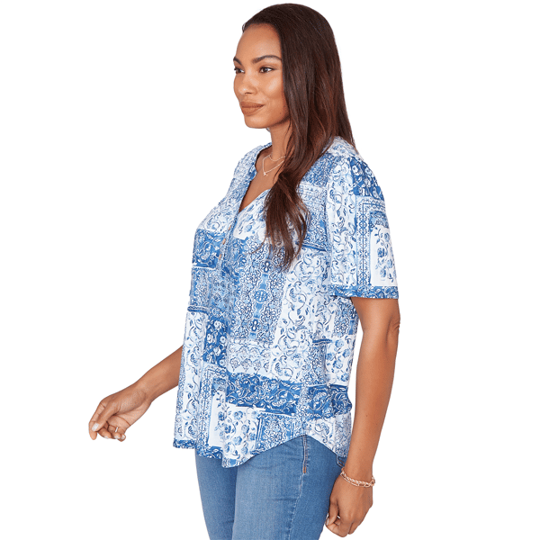 Womens Ruby Rd. French Riviera Elbow Sleeve Patchwork Henley Tee