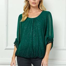 Womens Sara Michelle 3/4 Ruch Sleeve Matte Glitter Blouse