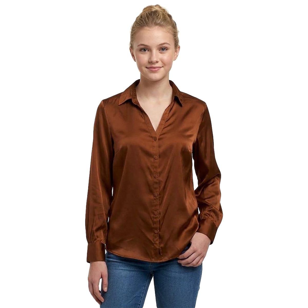 Juniors A. Byer Solid Satin Button Front Blouse