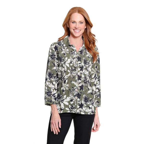 Petite Multiples 3/4 Sleeve Pleat Front Green Floral Blouse - image 