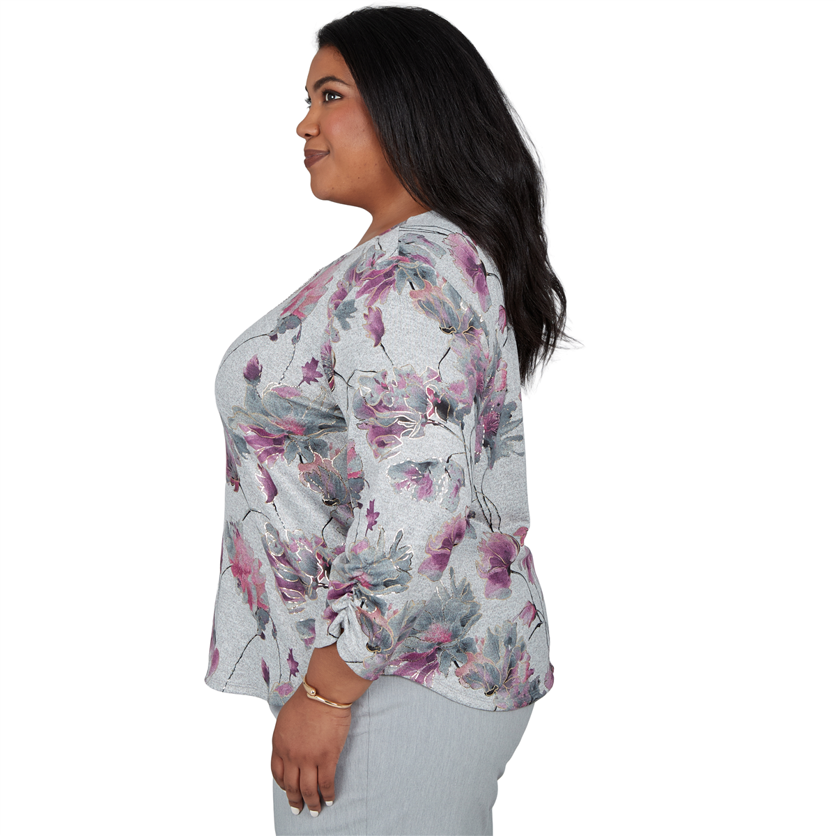 Plus Size Alfred Dunner Vail 3/4 Ruch Sleeves Floral Blouse