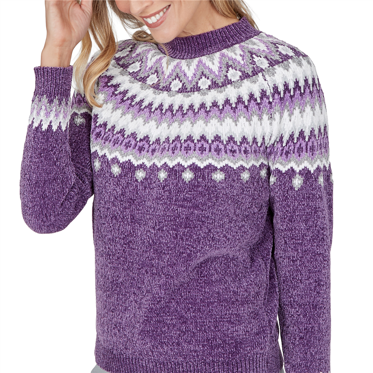 Womens Alfred Dunner Vail Amethyst Fair Isle Chenille Sweater