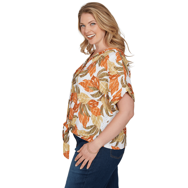 Plus Size Hearts of Palm Tropical Twist Eyelet Tie Hem Blouse
