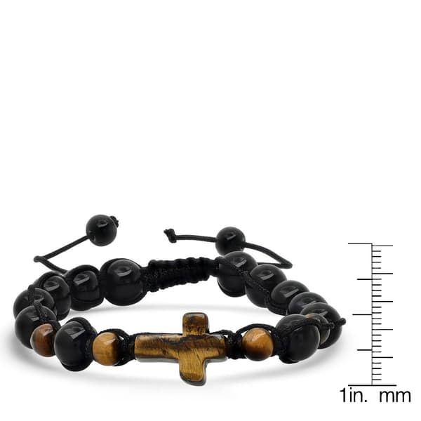 Mens Tiger Eye Cross and Beaded Drawstring Bracelet