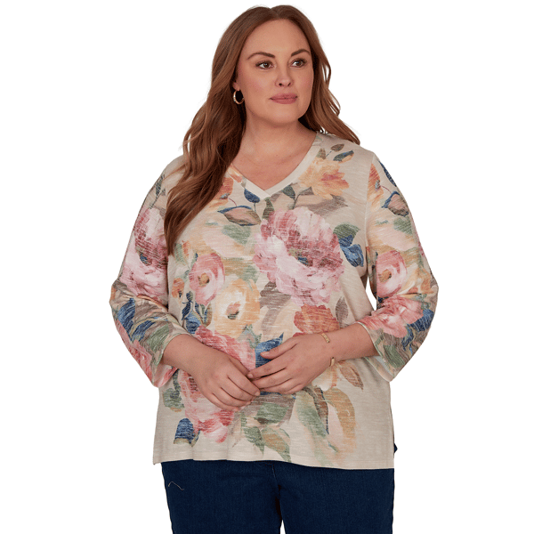 Plus Size Alfred Dunner Camden Market Bold Rose V Neck Blouse - image 