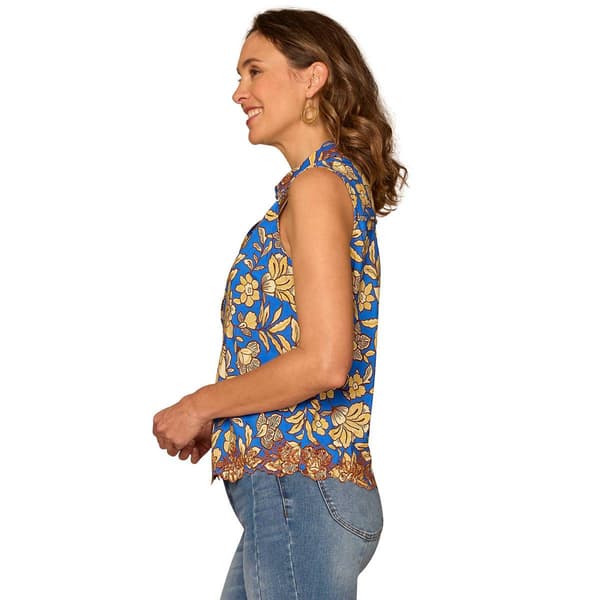 Womens Democracy Sleeveless 1/2 Placket Eyelet Scallop Blouse