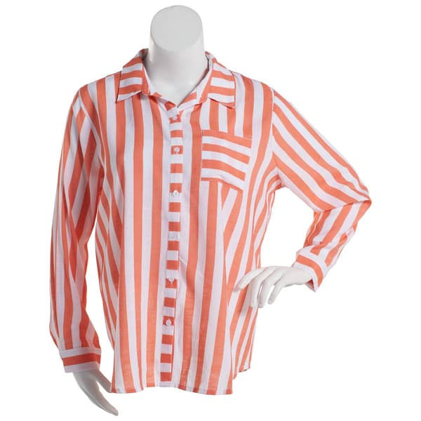Plus Size NY Collection 3/4 Sleeve Stripe Casual Button Down Tuwa